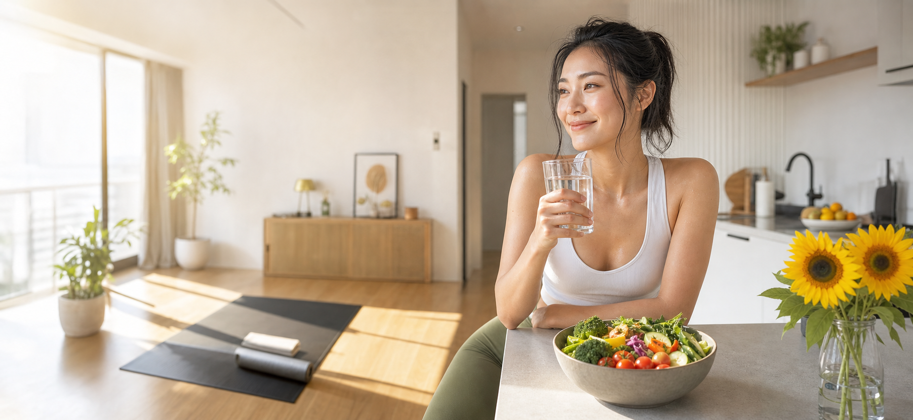 在明亮空間中享受健康飲食與運動生活的女性