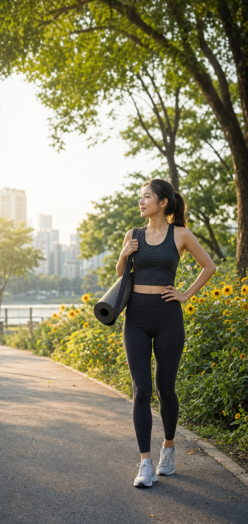 在晨光公園中慢跑的女性